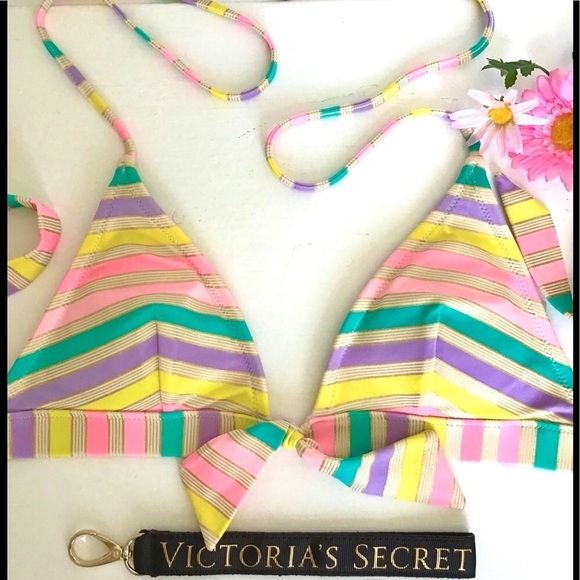 Victoria’s Secret Gold Shimmer Stripe Triangle Halter Bikini Top Size XS - Picture 4 of 9